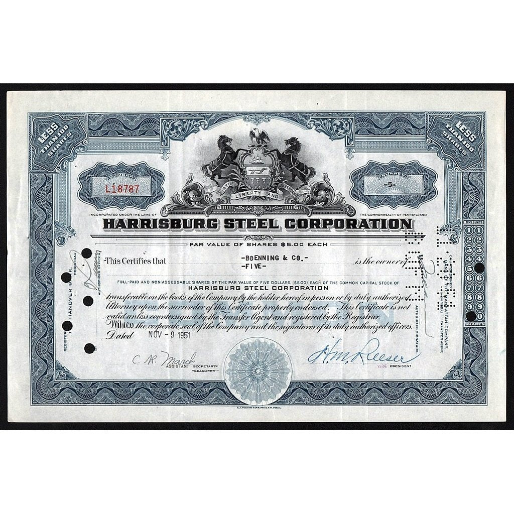 Harrisburg Steel Corporation Pennsylvania Stock Certificate