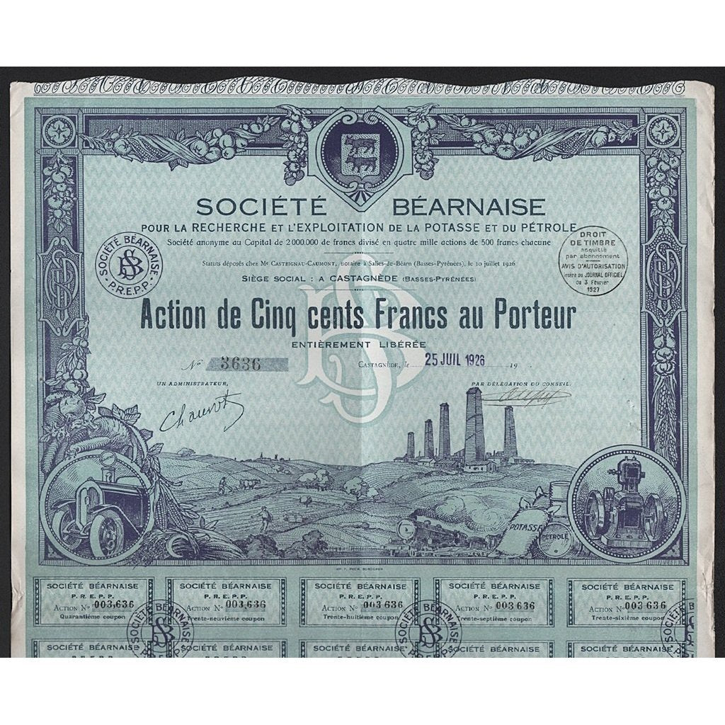Societe Bearnaise pour la Recherche et l'Exploitation de la Potasse et du Petrole Stock Certificate