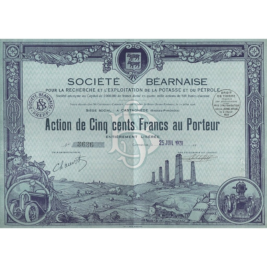 Societe Bearnaise pour la Recherche et l'Exploitation de la Potasse et du Petrole Stock Certificate