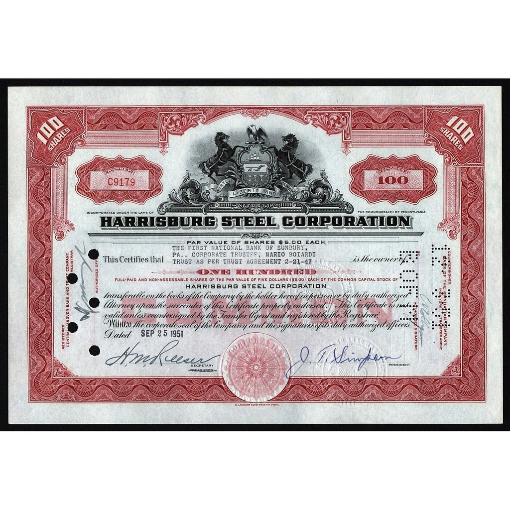 Harrisburg Steel Corporation Pennsylvania Stock Certificate