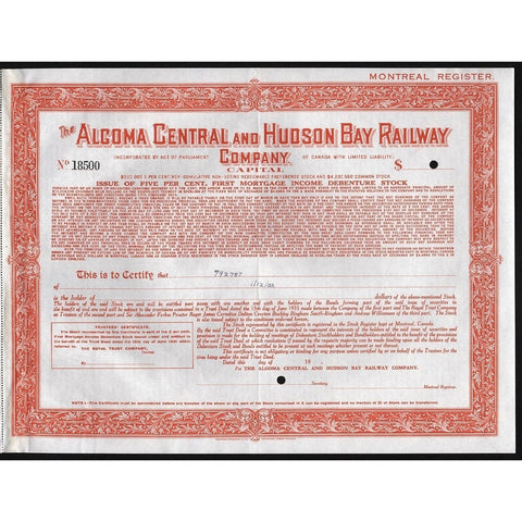 The Algoma Central & Hudson Bay Railway Company Stock Certificate
