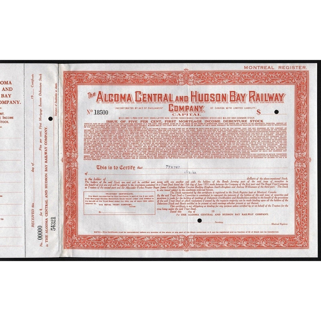 The Algoma Central & Hudson Bay Railway Company Stock Certificate
