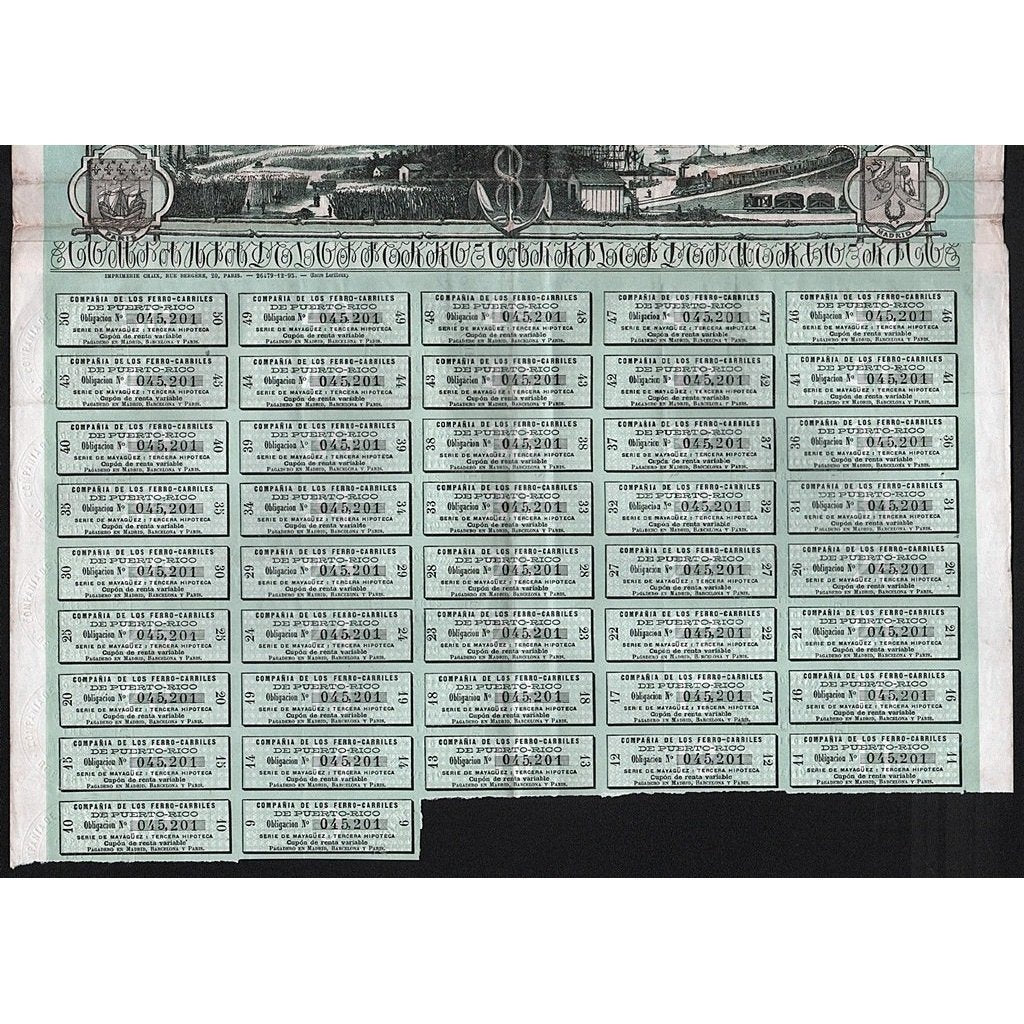 Compania de los Ferro-Carriles Puerto-Rico (Compagnie des Chemins de Fer de Porto-Rico) Stock Certificate