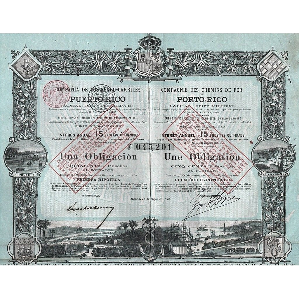 Compania de los Ferro-Carriles Puerto-Rico (Compagnie des Chemins de Fer de Porto-Rico) Stock Certificate