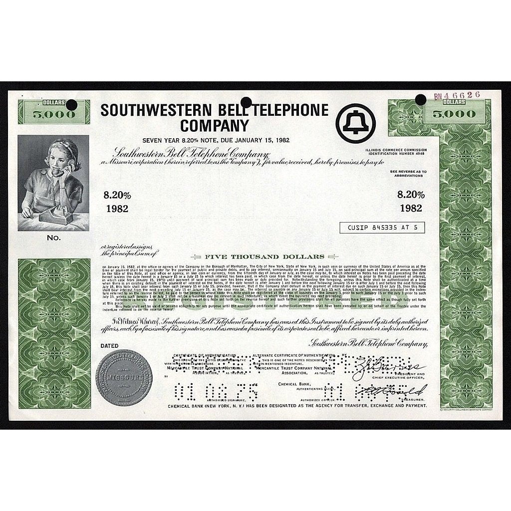 Southwestern Bell Telephone Company, $5,000 Bond (Specimen) Stock Certificate