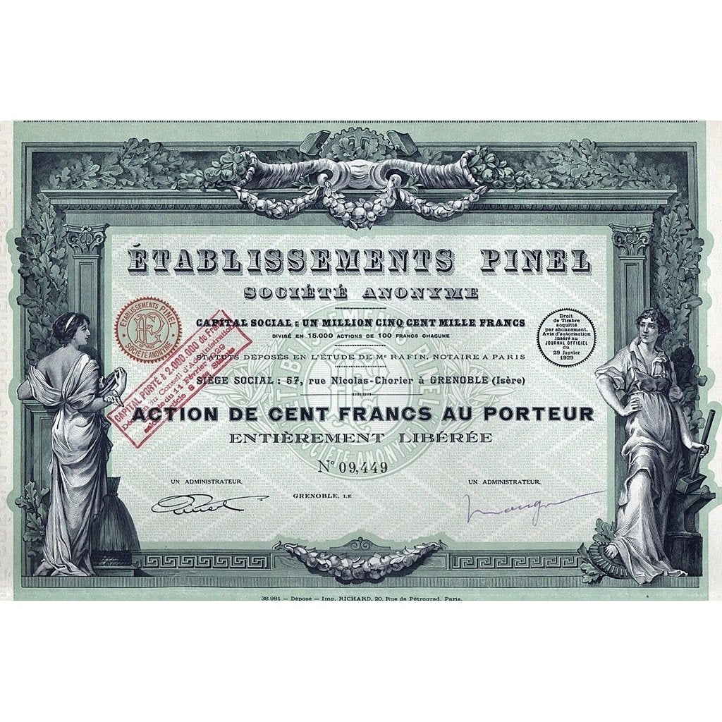 Etablissements Pinel Societe Anonyme Stock Certificate