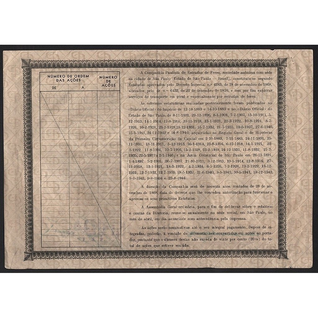 Companhia Paulista de Estradas de Ferro Stock Certificate
