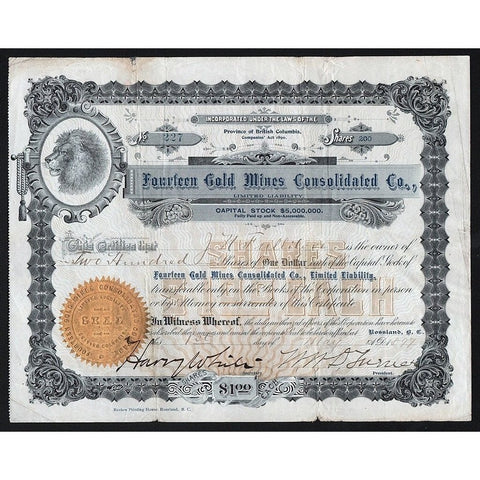 Fourteen Gold Mines Consolidated Co. Stock Certificate