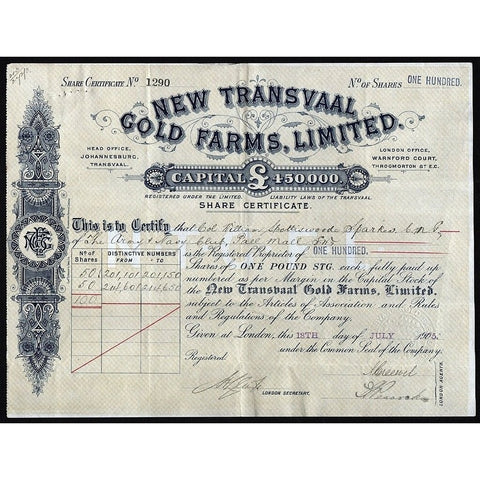 New Transvaal Gold Farms, Limited Stock Certificate