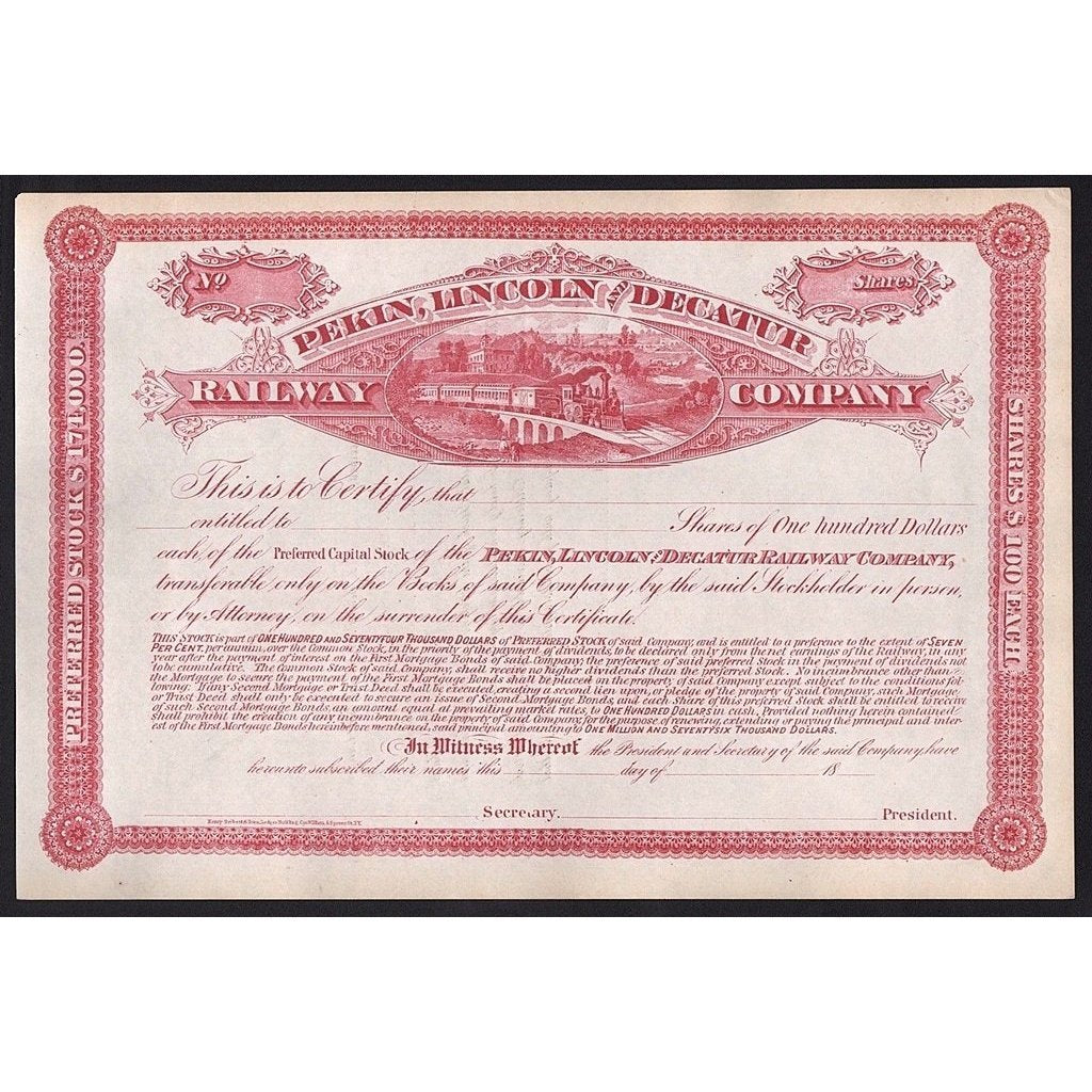 Pekin, Lincoln and Decatur Railway Company Stock Certificate