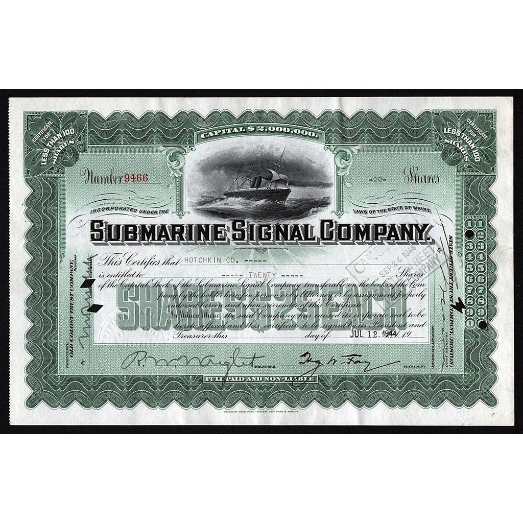 Submarine Signal Company Stock Certificate