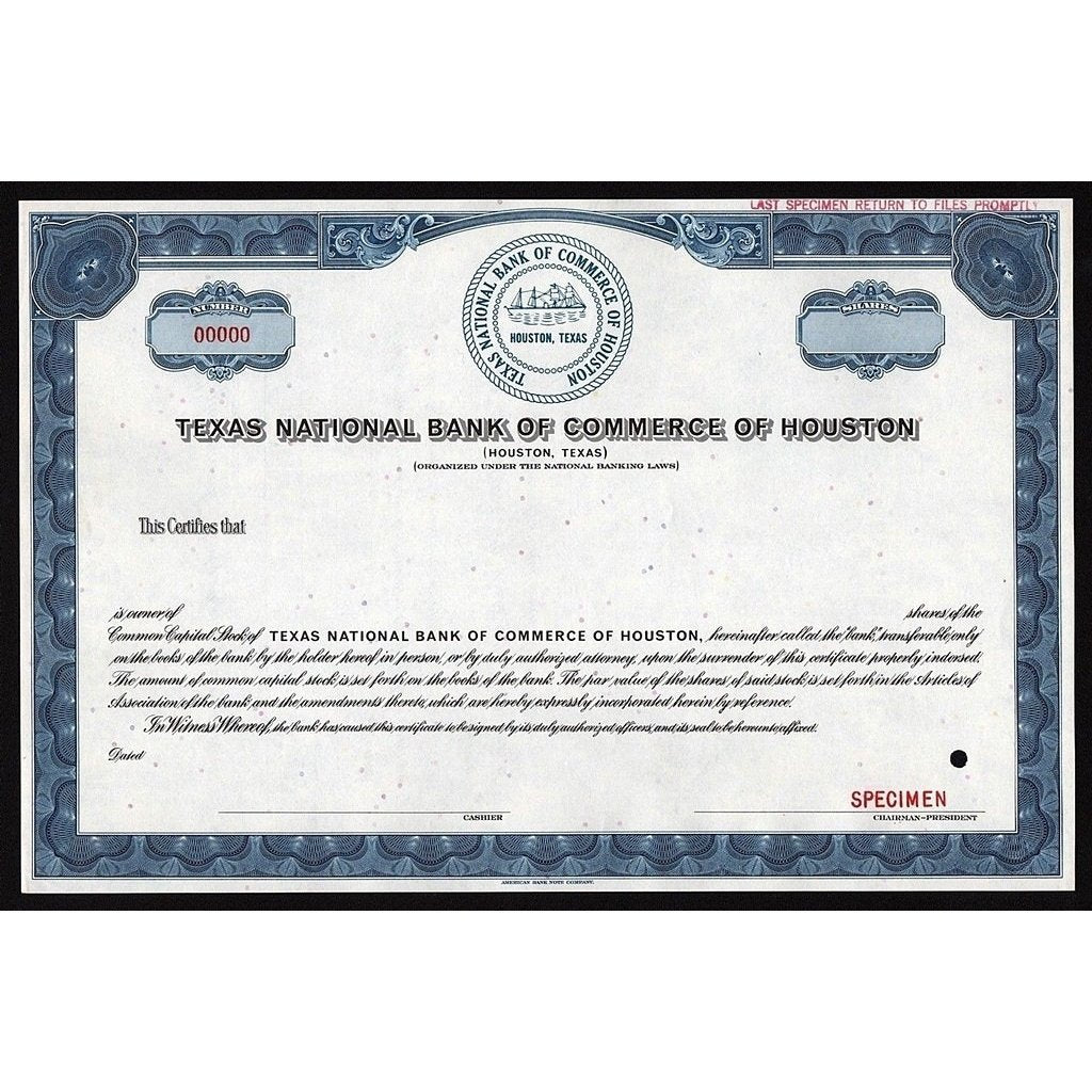 Texas National Bank of Commerce of Houston (Houston, Texas) - Specimen Stock Certificate