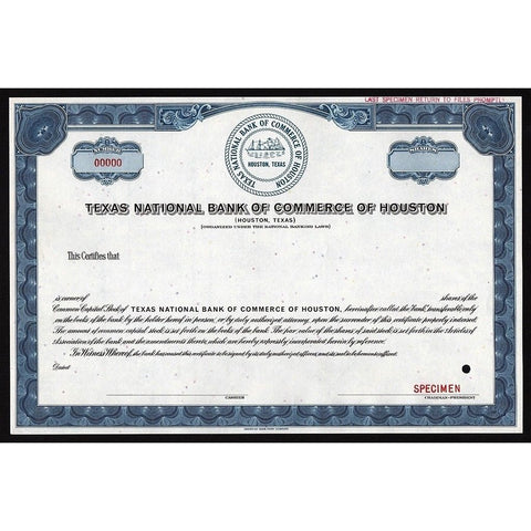 Texas National Bank of Commerce of Houston (Houston, Texas) - Specimen Stock Certificate