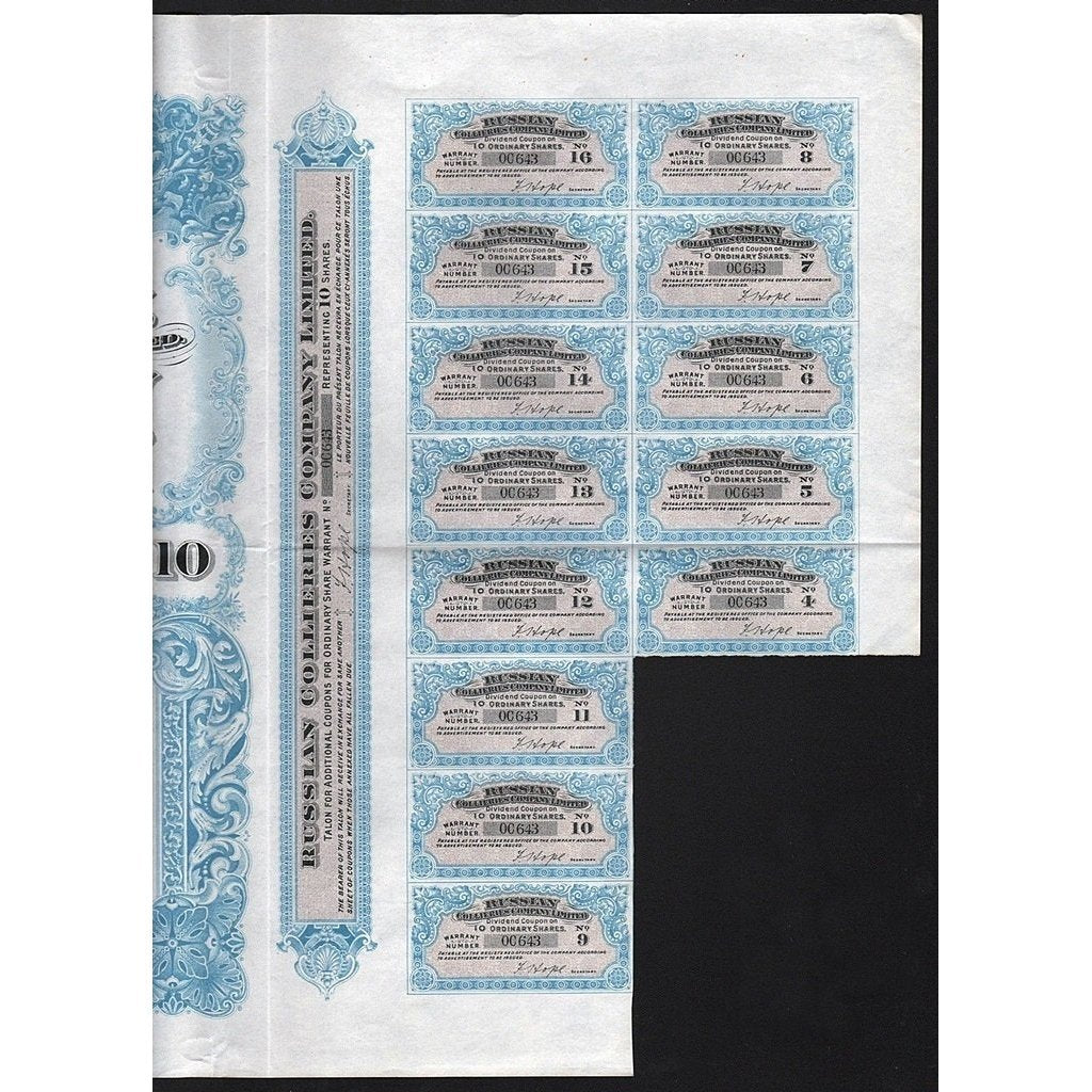 Russian Collieries Company, Limited Stock Certificate