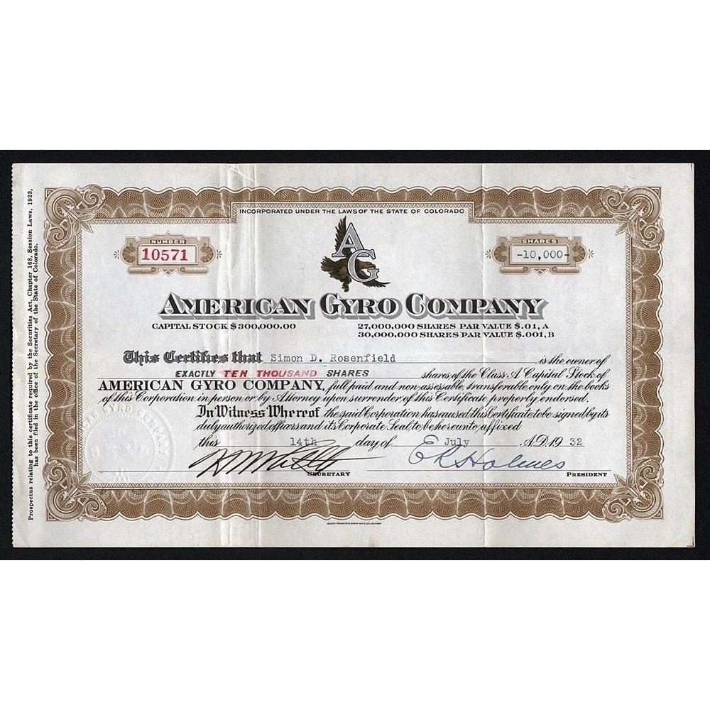 American Gyro Company Stock Certificate