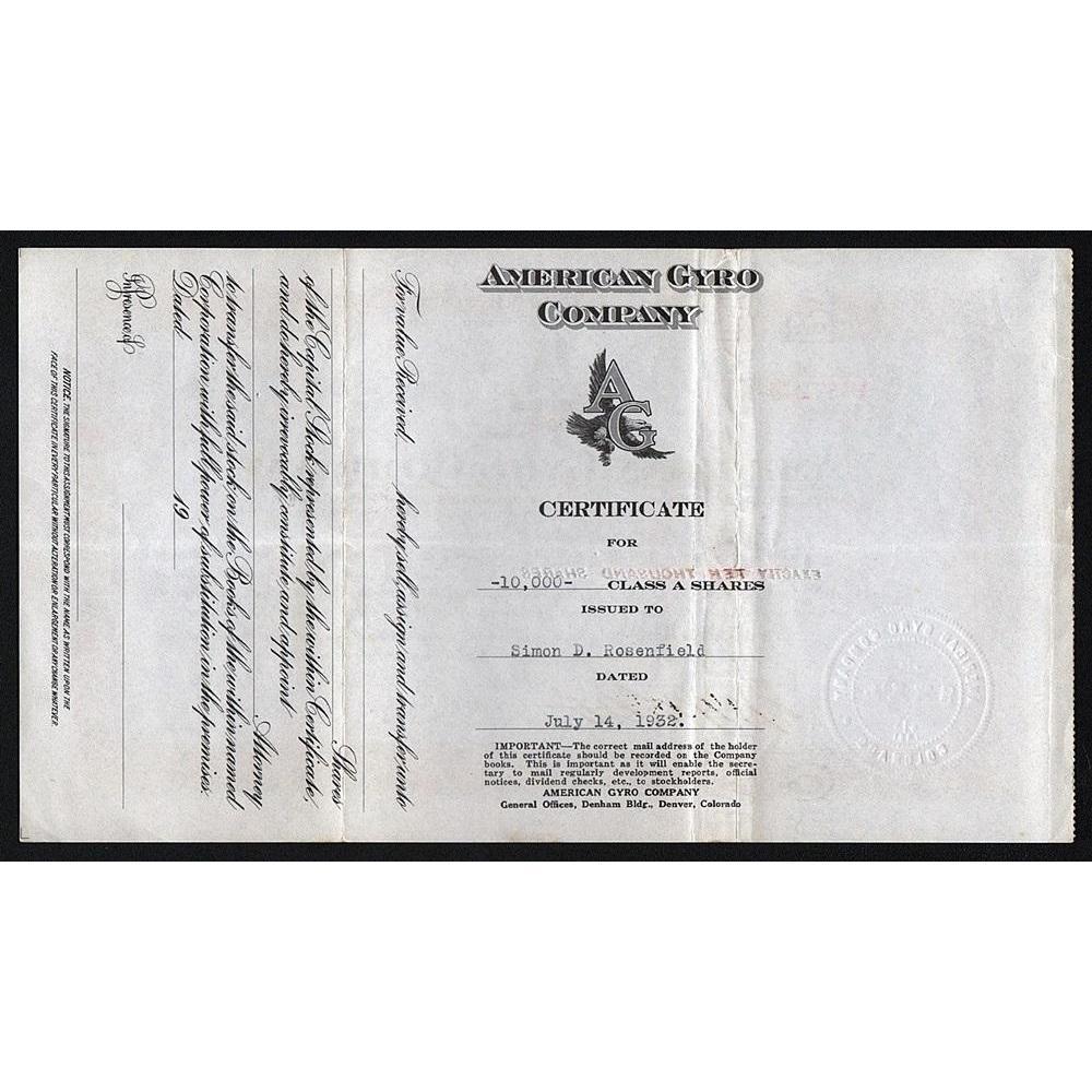 American Gyro Company Stock Certificate