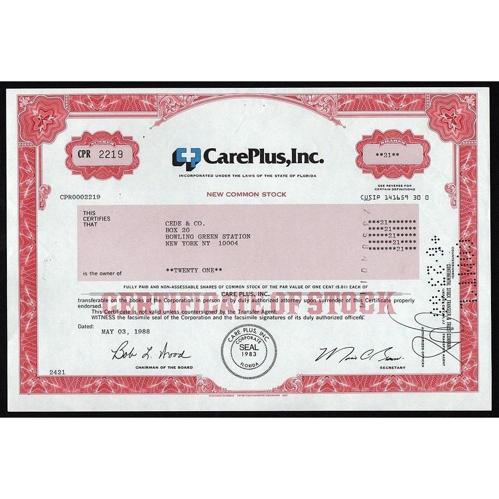 CarePlus, Inc. Stock Certificate