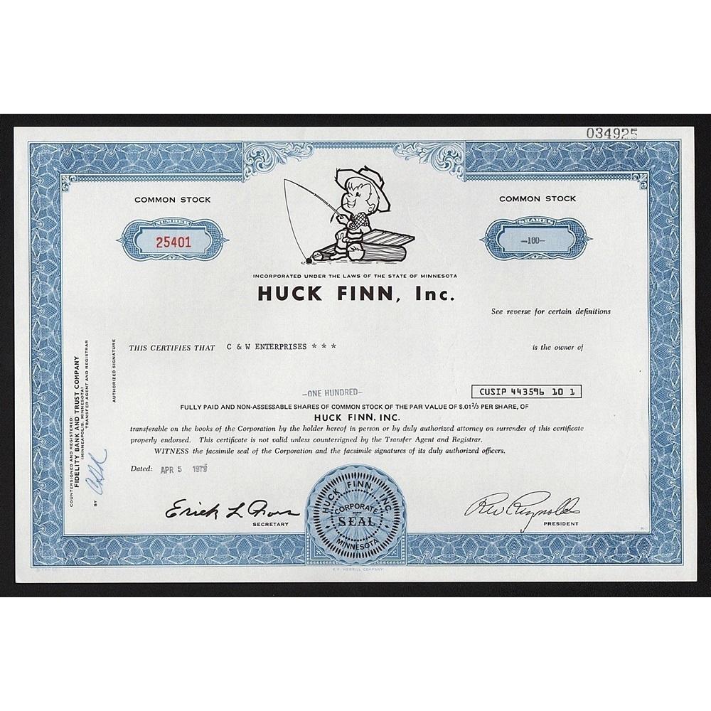 Huck Finn, Inc. Stock Certificate