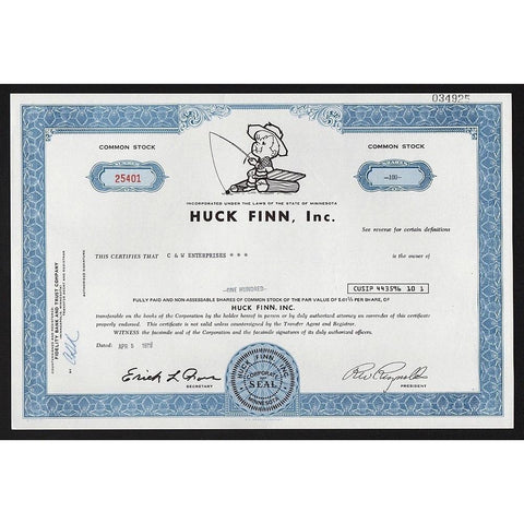 Huck Finn, Inc. Stock Certificate