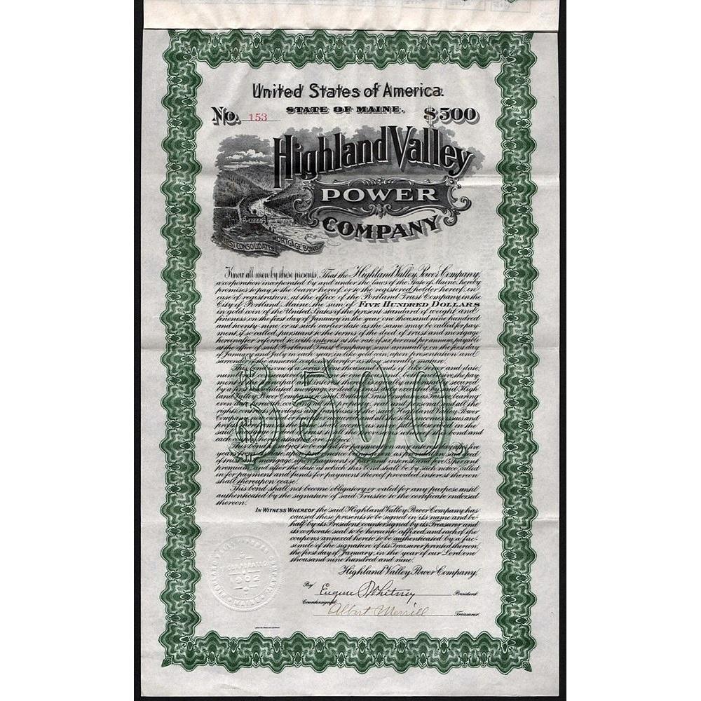 Highland Valley Power Company (Gold Bond) Stock Certificate