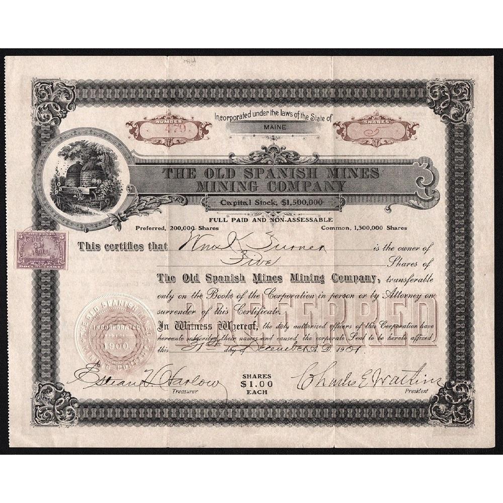 The Old Spanish Mines Mining Company Stock Certificate
