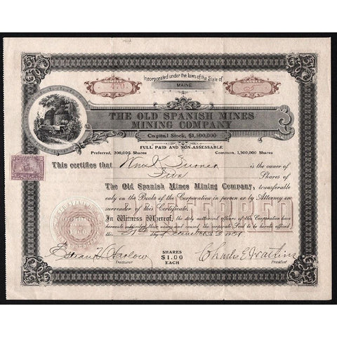 The Old Spanish Mines Mining Company Stock Certificate