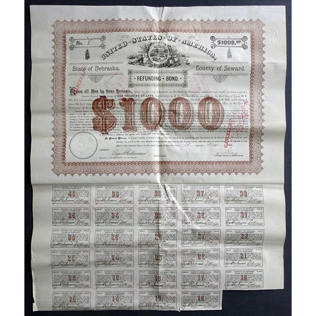 State of Nebraska, County of Seward, $1000 Refunding Bond Stock Certificate