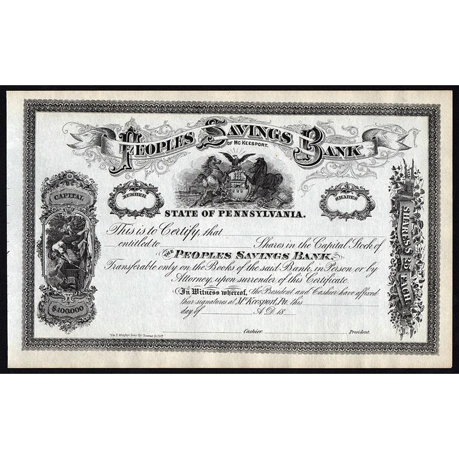 Peoples Savings Bank of McKeesport Pennsylvania Stock Certificate