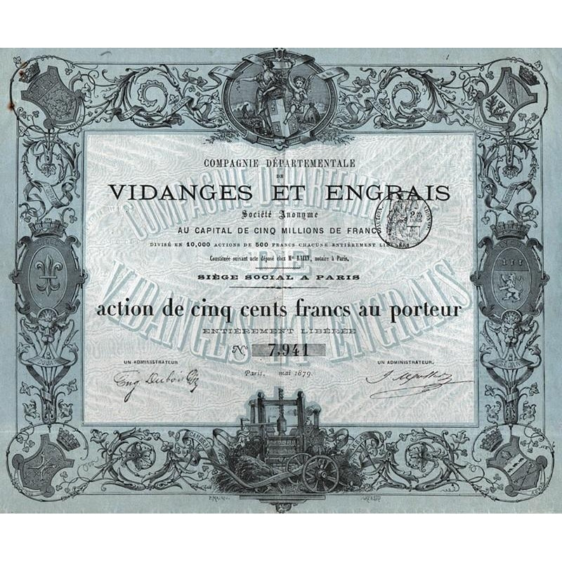 Compagnie Departmentale de Vidanges et Engrais Societe Anonyme 1879 Paris France Stock Certificate