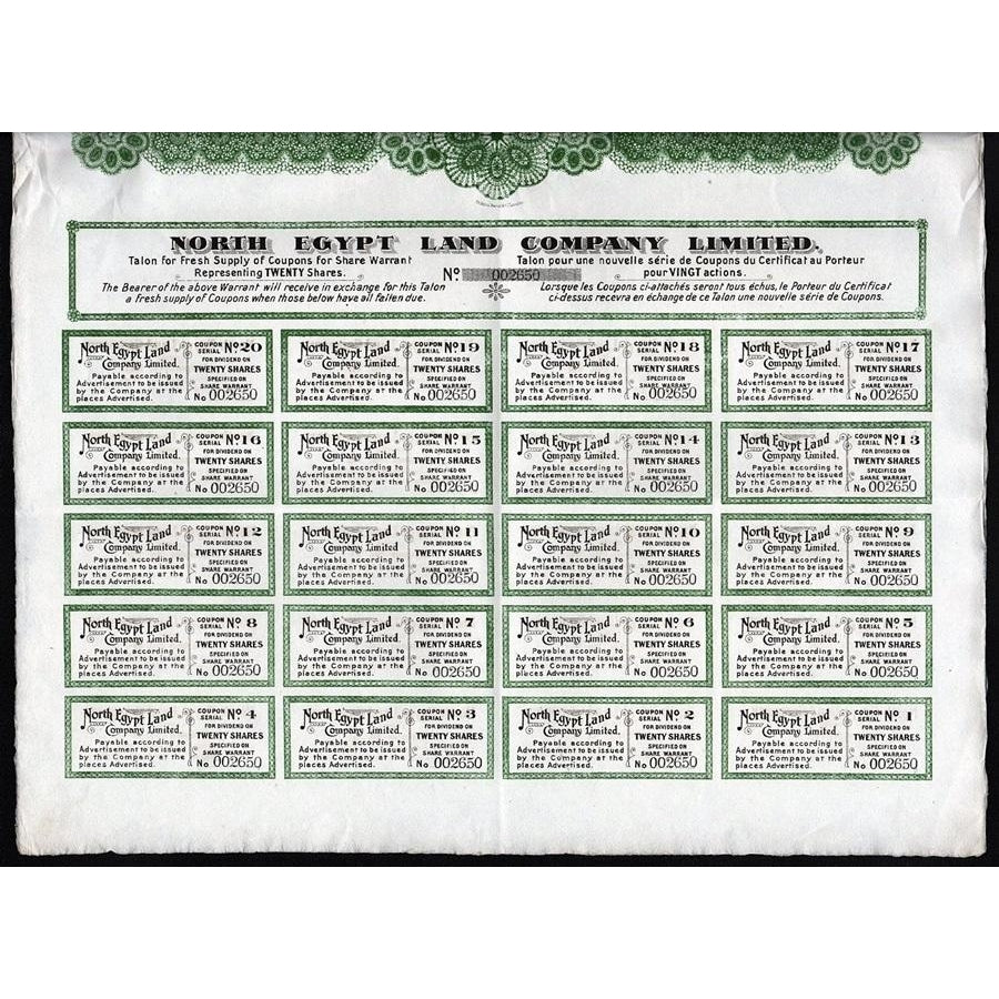 North Egypt Land Company 1905 Share Warrant Stock Certificate