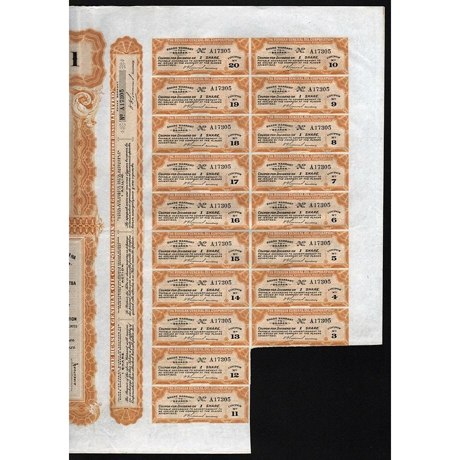 The Russian General Oil Corporation 1913 Stock Certificate