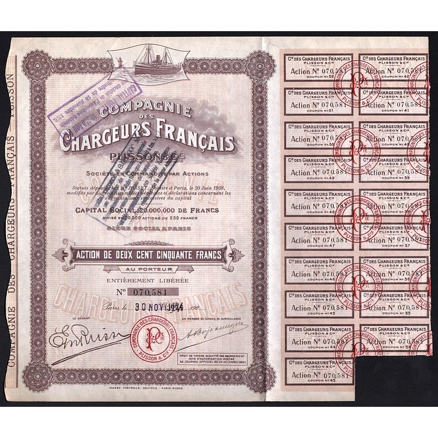 Compagnie des Chargeurs Francais Plisson & Cie. 1924 France Stock Certificate