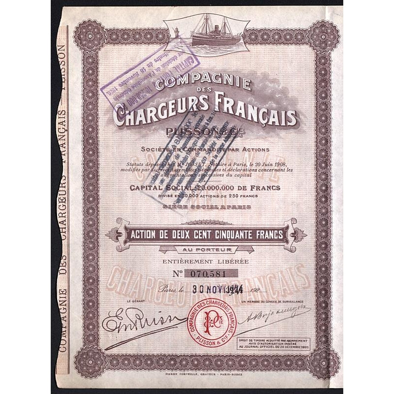 Compagnie des Chargeurs Francais Plisson & Cie. 1924 France Stock Certificate