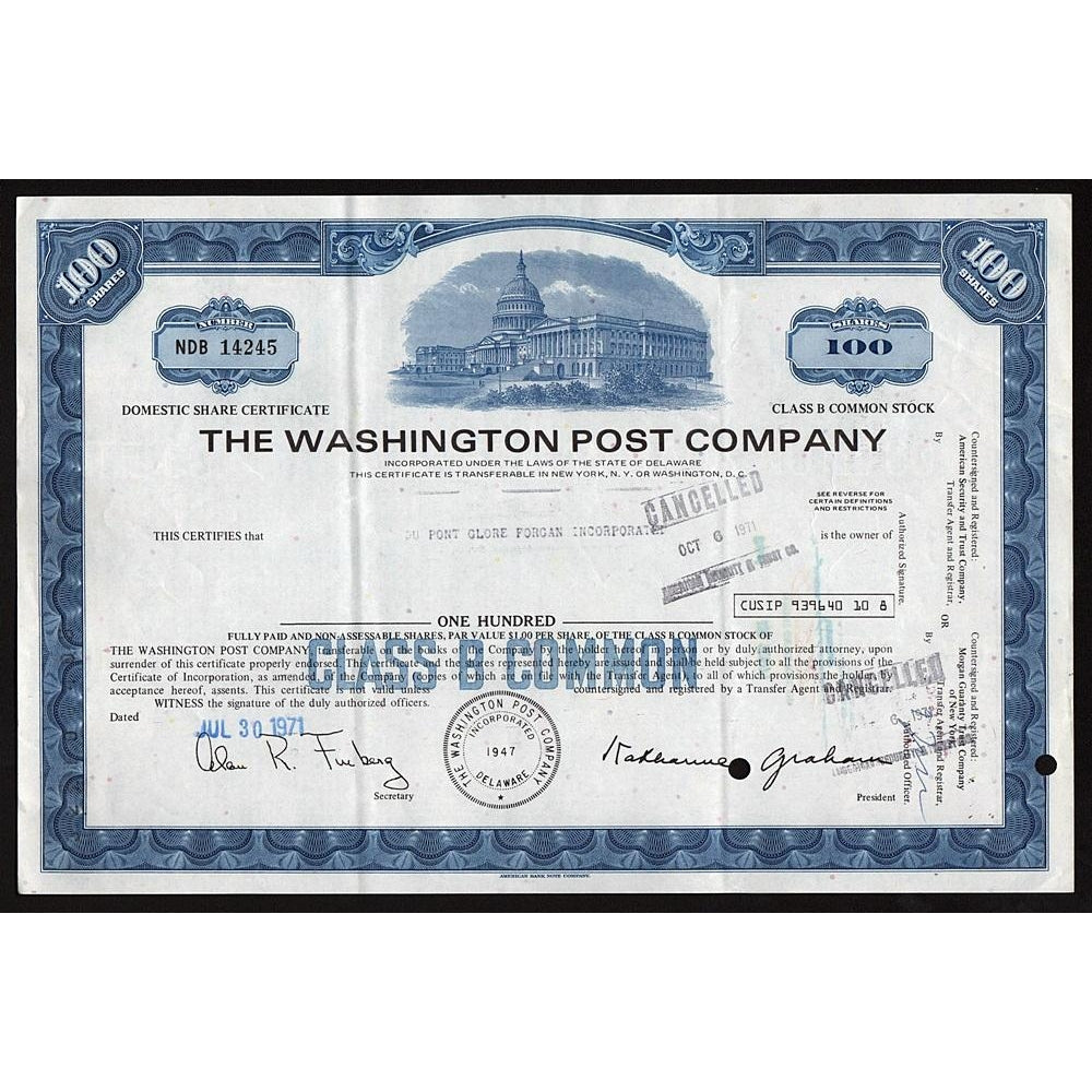 The Washington Post Company 1971 Newspaper Stock Certificate