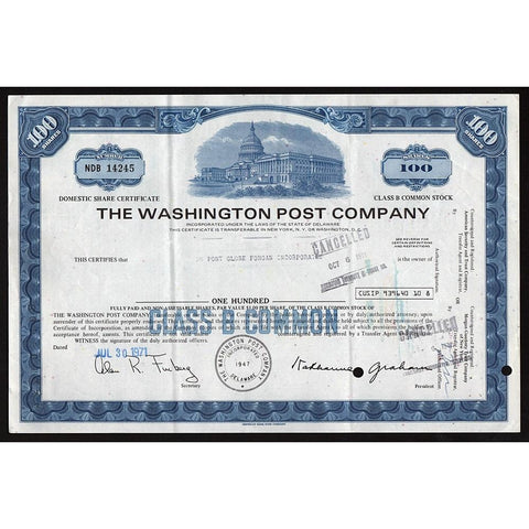 The Washington Post Company 1971 Newspaper Stock Certificate