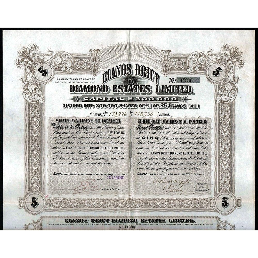 Elands Drift Diamond Estates Limited 1903 Cape of Good Hope, South Africa Stock Certificate