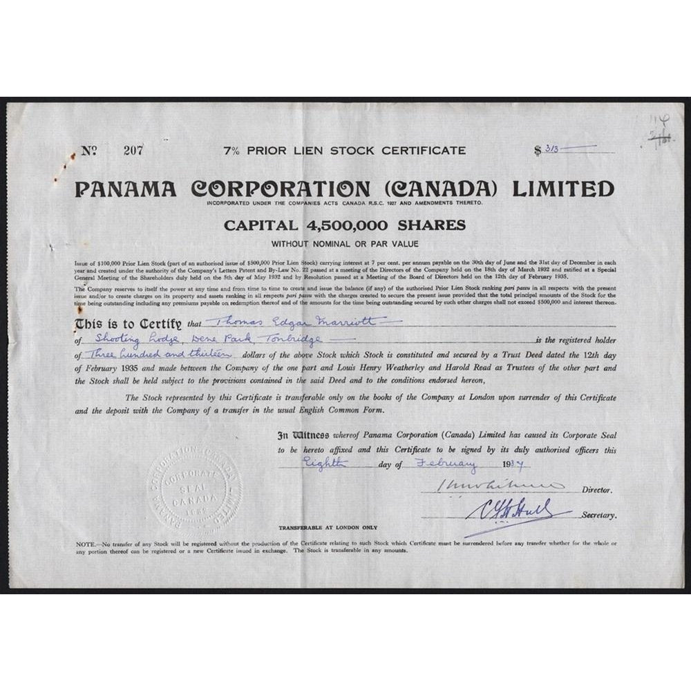 Panama Corporation (Canada) Limited 1934 Stock Certificate