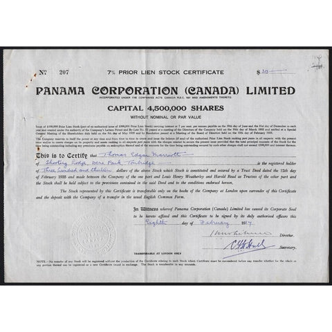 Panama Corporation (Canada) Limited 1934 Stock Certificate