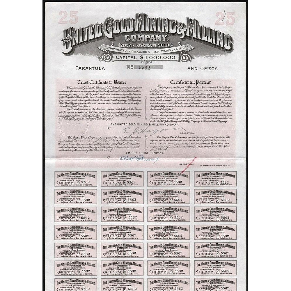 The United Gold Mining & Milling Company Tarantula and Omega 1908 Stock Certificate