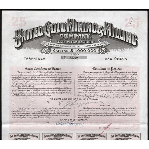 The United Gold Mining & Milling Company Tarantula and Omega 1908 Stock Certificate