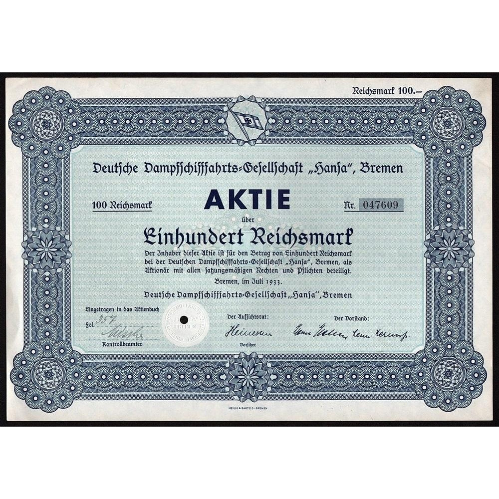 Deutsche Dampfschiffahrts-Gesellschaft "Hansa", 1933 Bremen, Germany  Stock Certificate