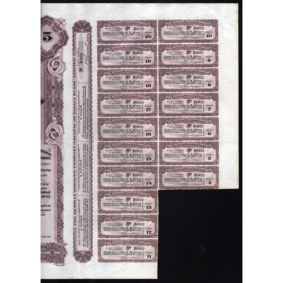 The Russian Tobacco Company, (Societe de Tabacs Russe) Limited 1915 Russia Warrant Stock Certificate