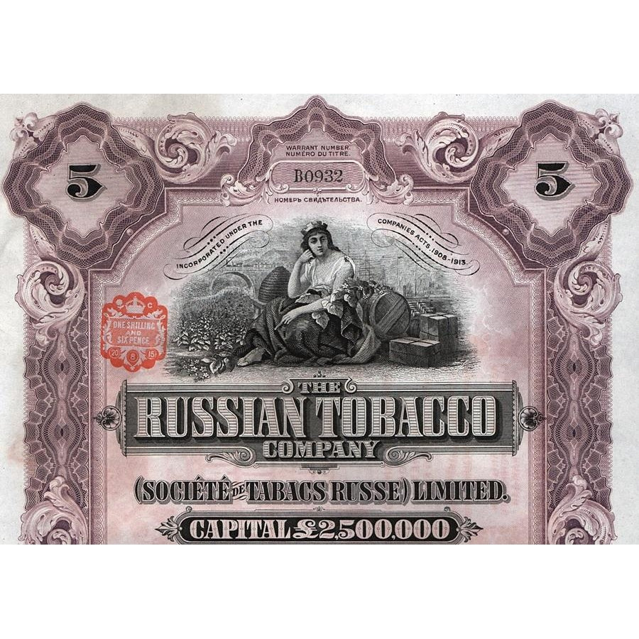 The Russian Tobacco Company, (Societe de Tabacs Russe) Limited 1915 Russia Warrant Stock Certificate