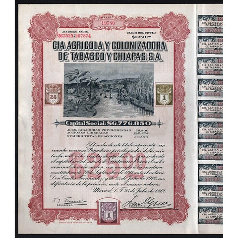 Cia. Agricola y Colonizadora de Tabasco y Chiapas 1912 Mexico Stock Certificate