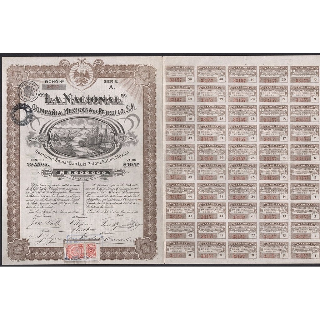 "La Nacional" Compania Mexicana de Petroleo, S.A. (San Luis Potosi) Stock Certificate
