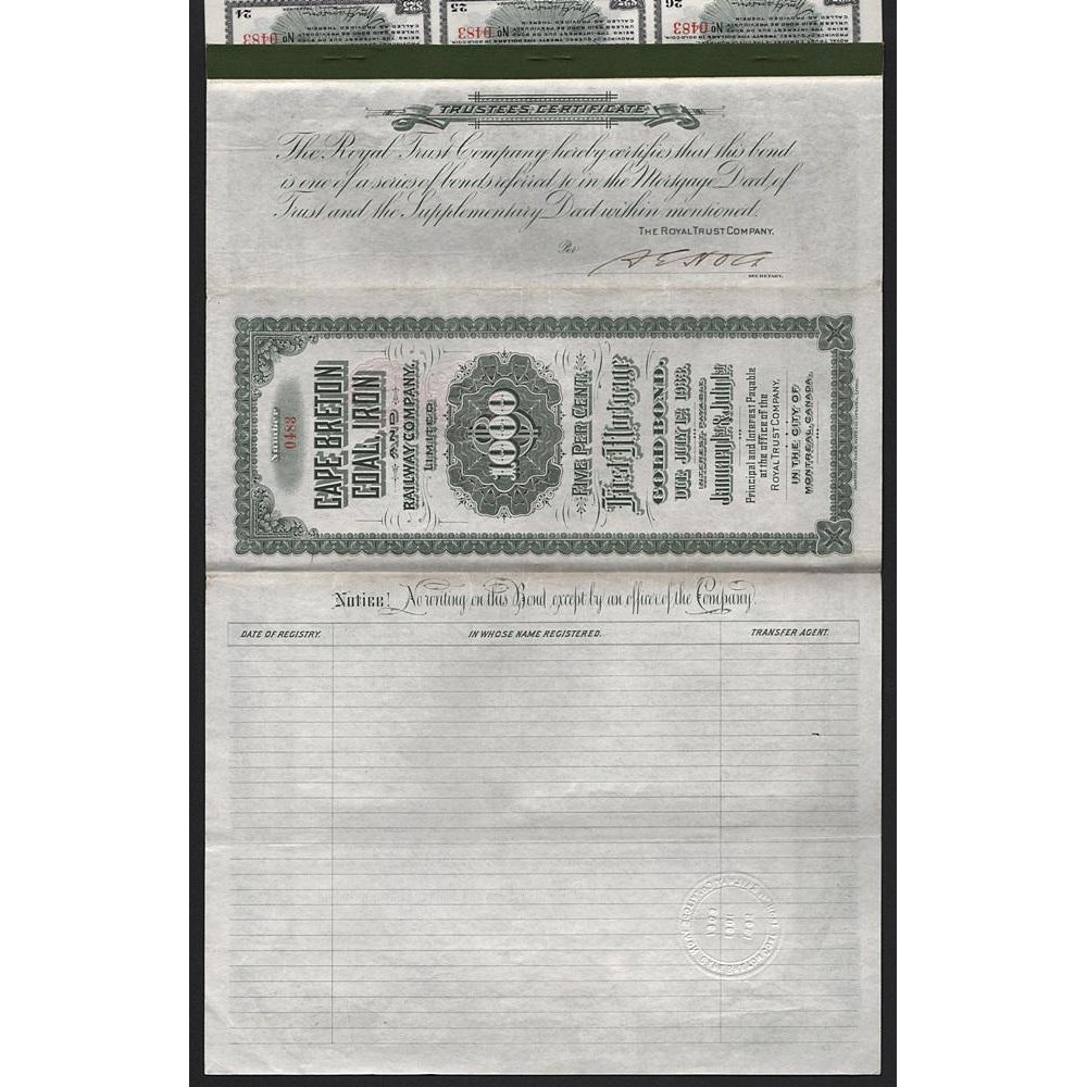 Cape Breton Coal, Iron and Railway Company Gold Bond Certificate