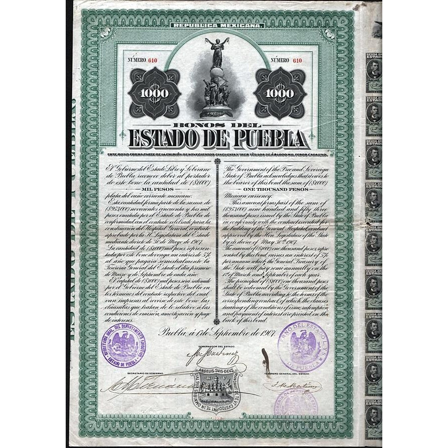 Bono del Estado de Puebla 1907 Mexico Bond Certificate