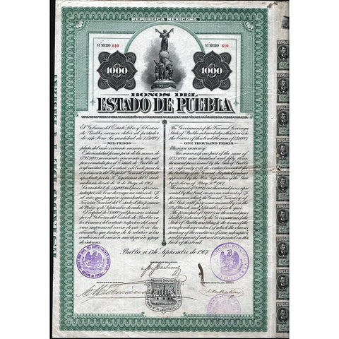 Bono del Estado de Puebla 1907 Mexico Bond Certificate