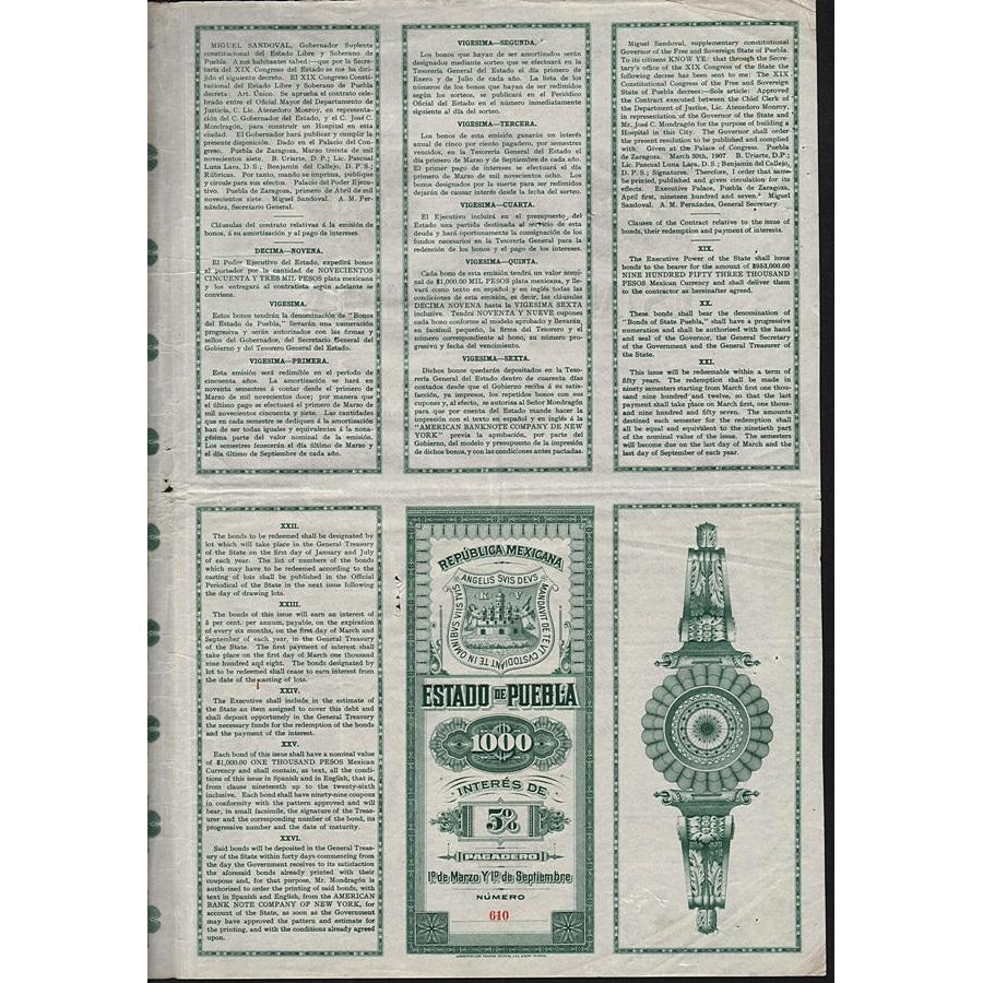 Bono del Estado de Puebla Bond Certificate