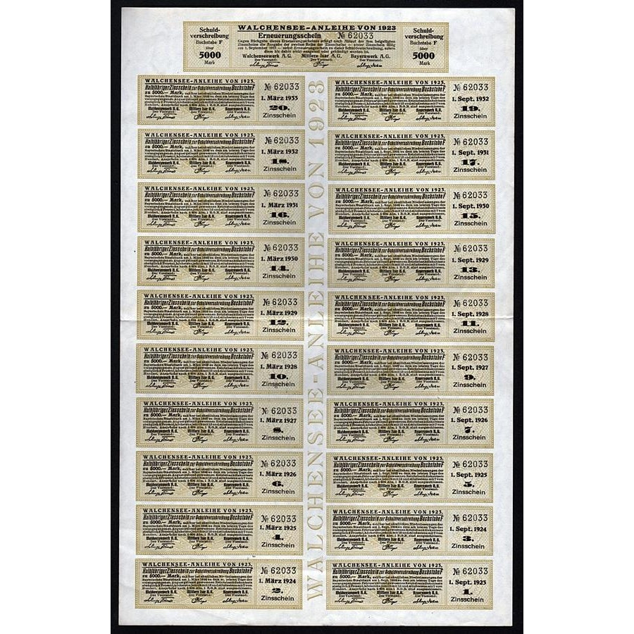 Anleihe der Aktiengesellschaften Walchenseewerk Mittlere Isar Bayernwerk 1923 Germany Bond Certificate